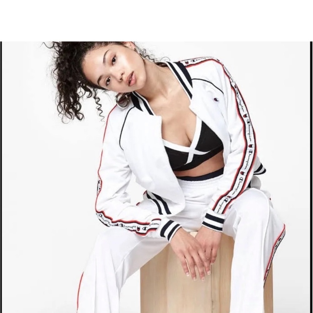 Champion White Track Pants with Blue and Red Accents